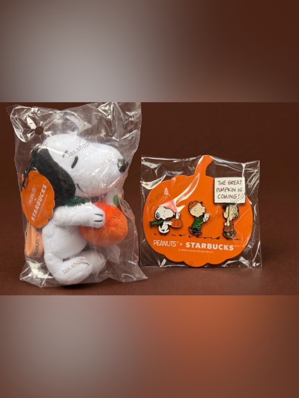 Starbucks Peanuts Orange & White Snoopy Pumpkin Plush and Pin Set